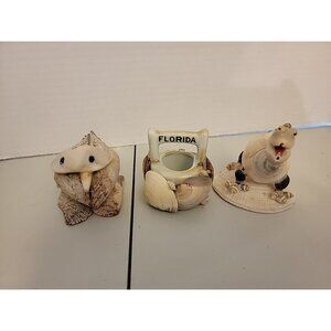 Sea Shell Souvenir Figurine Turtle, Bird And Basket Set Of 3
